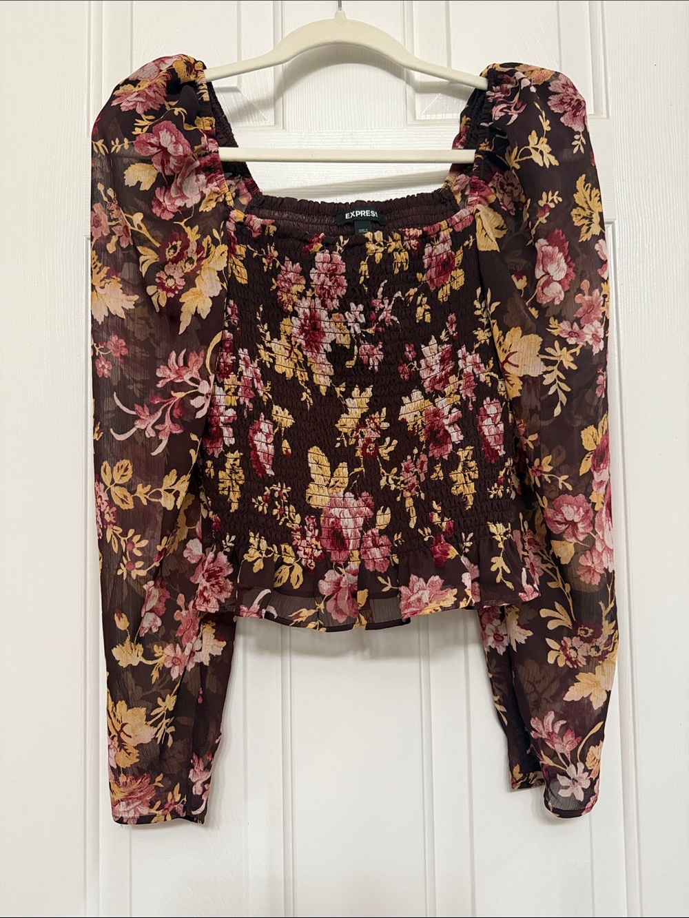 Express Floral Smocked Puff-Sleeve Top in Dark Brown, Pink and Mustard